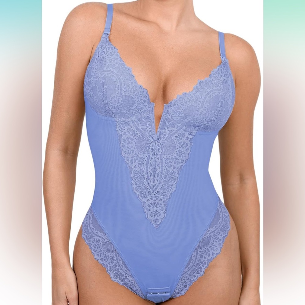 Popilush Womens Shapewear Tummy Control V Neck Corset Bodysuit Blue size large